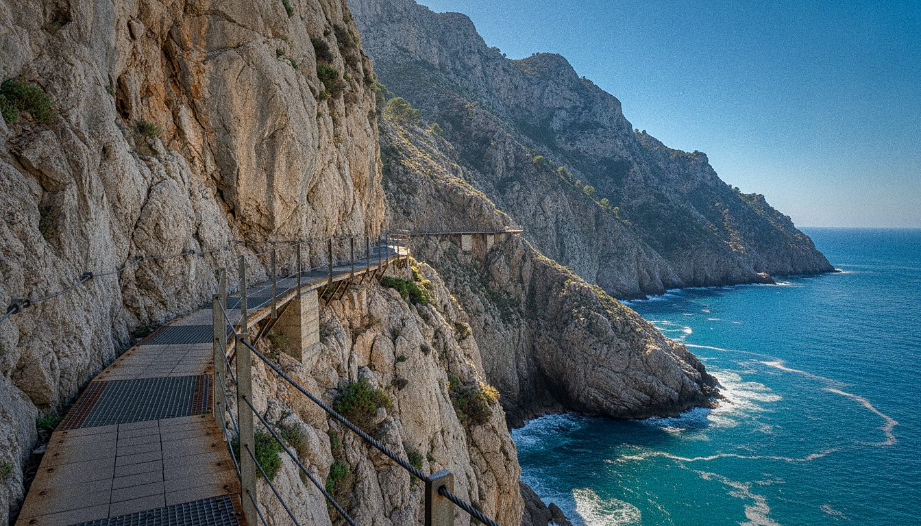Una estrecha pasarela atornillada a la pared de un desfiladero de montaña escarpado cerca de Málaga