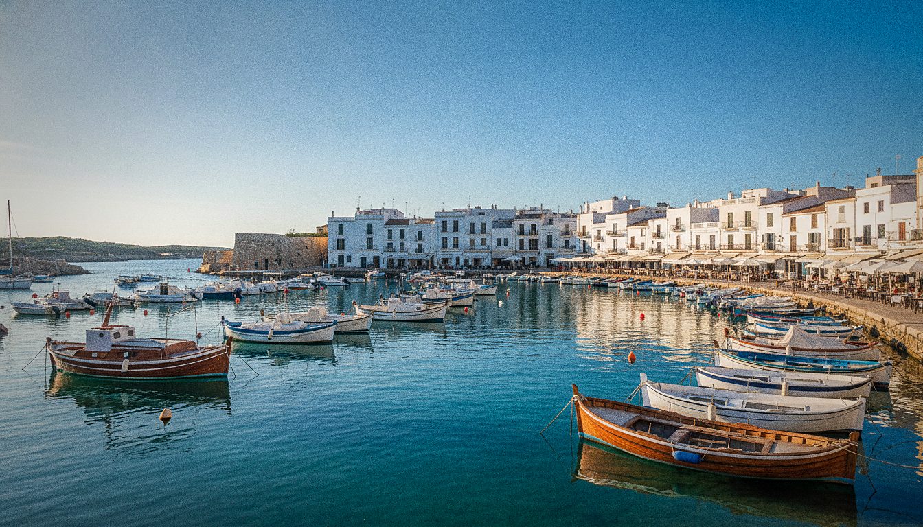 Ciutadella de Menorca's old harbour lined with boats and waterside restaurants