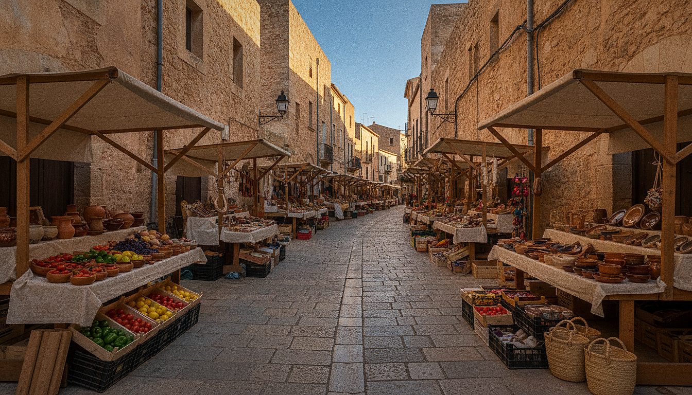 Una calle estrecha de piedra en el casco antiguo de Ciutadella flanqueada por puestos de mercado