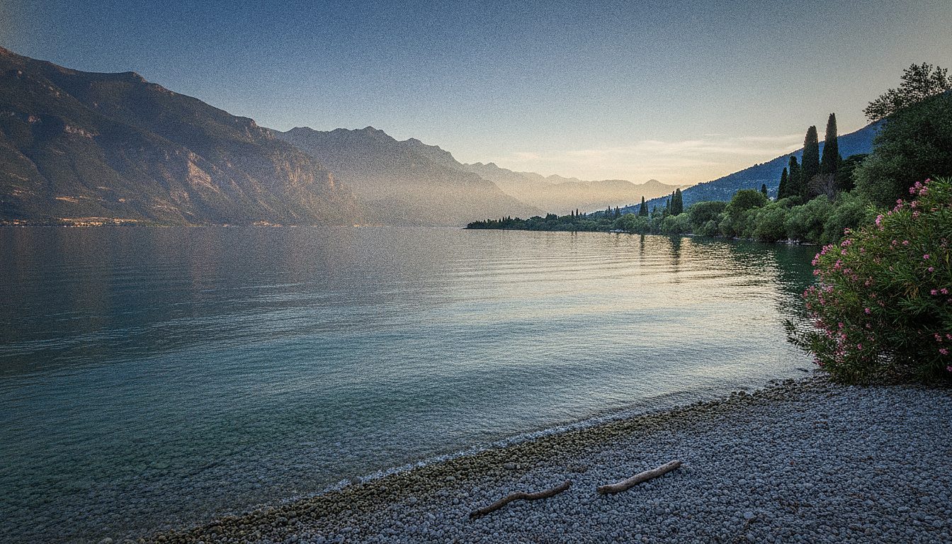 La orilla del lago de Garda con montañas al fondo
