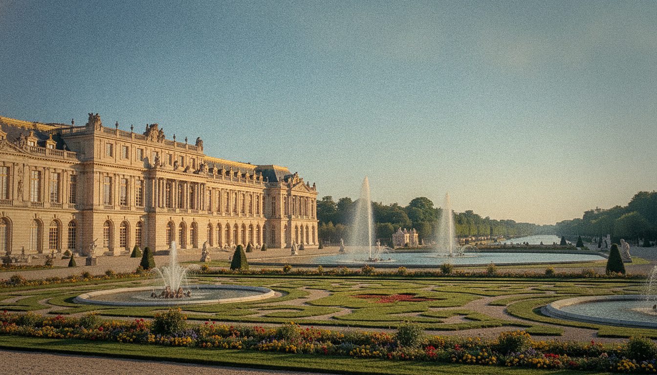 La fachada del Palacio de Versalles vista desde los jardines con los parterres en primer plano