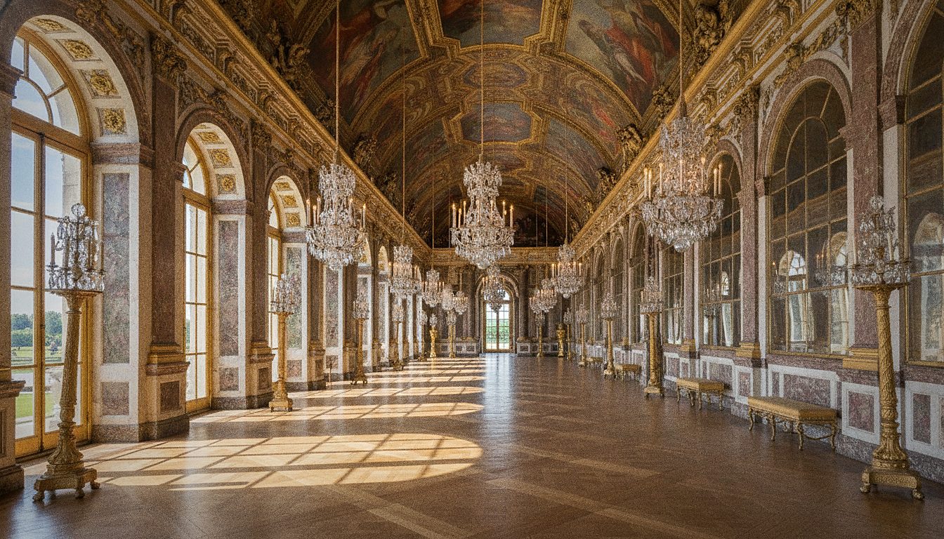 La Galería de los Espejos del Palacio de Versalles con sus arañas de cristal