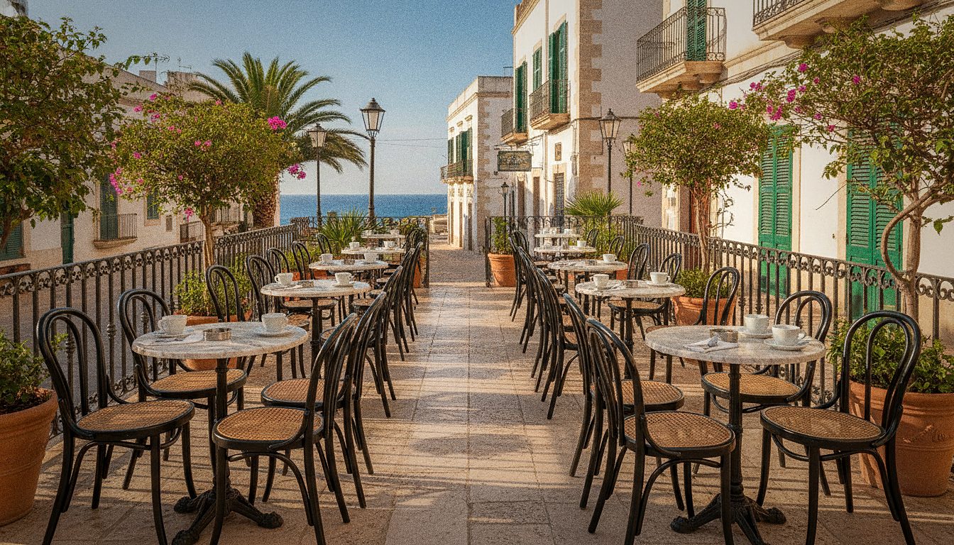 Una terraza de un café vienés tradicional con mesas al aire libre